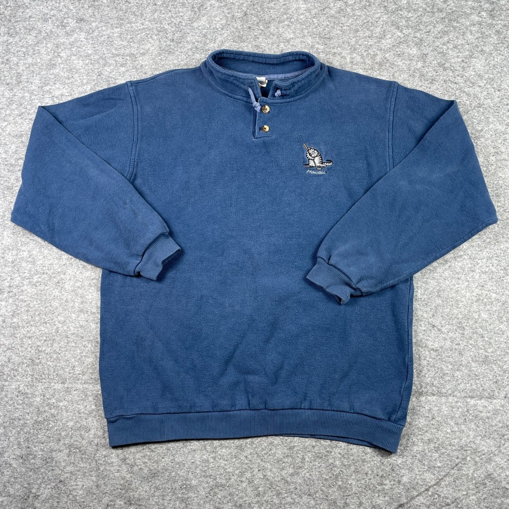 Vintage Crazy Shirts Sweatshirt Mens L Blue Kliban Cat Hawaii Golf Henley 90s
